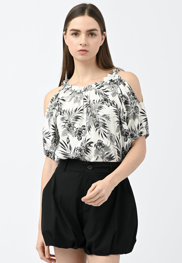 Plain B. Cold Shoulder Floral Shirt