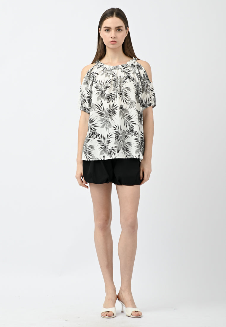 Plain B. Cold Shoulder Floral Shirt