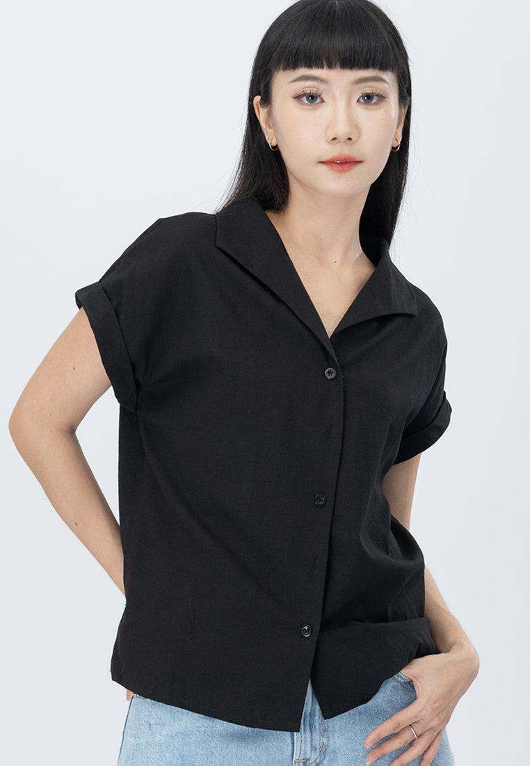 Plain B. Collar Short Sleeve Polyester Button Shirt Top Black