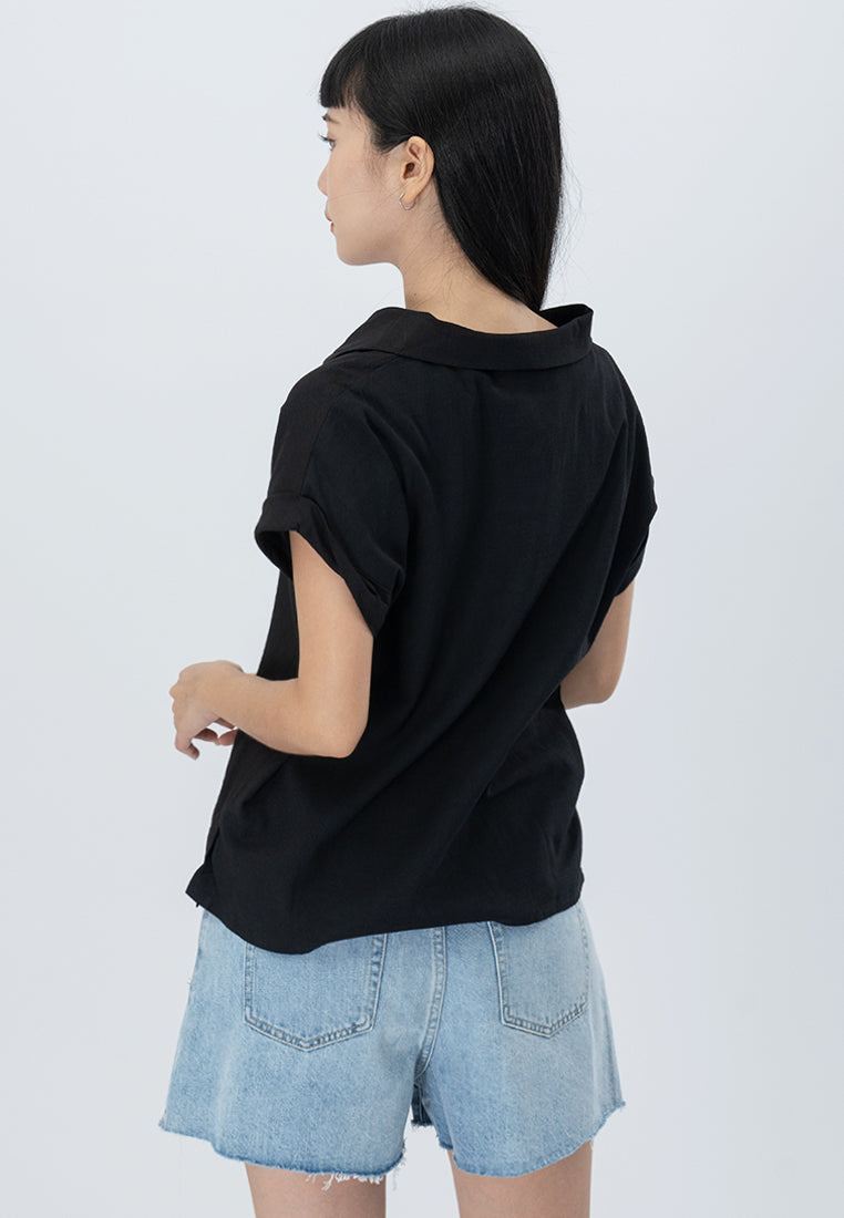 Plain B. Collar Short Sleeve Polyester Button Shirt Top Black