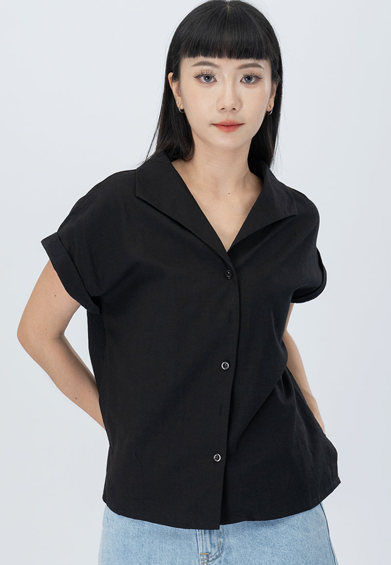 Plain B. Collar Short Sleeve Polyester Button Shirt Top Black