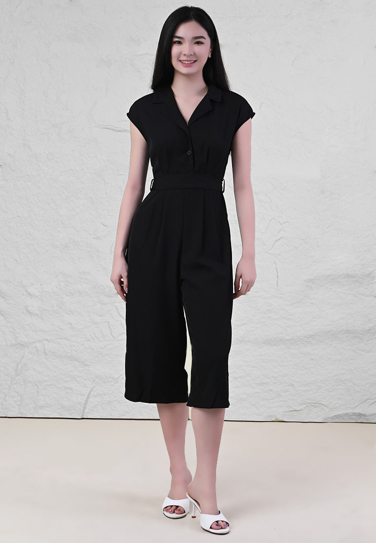 Plain B. Collar V-Neck Jumpsuits