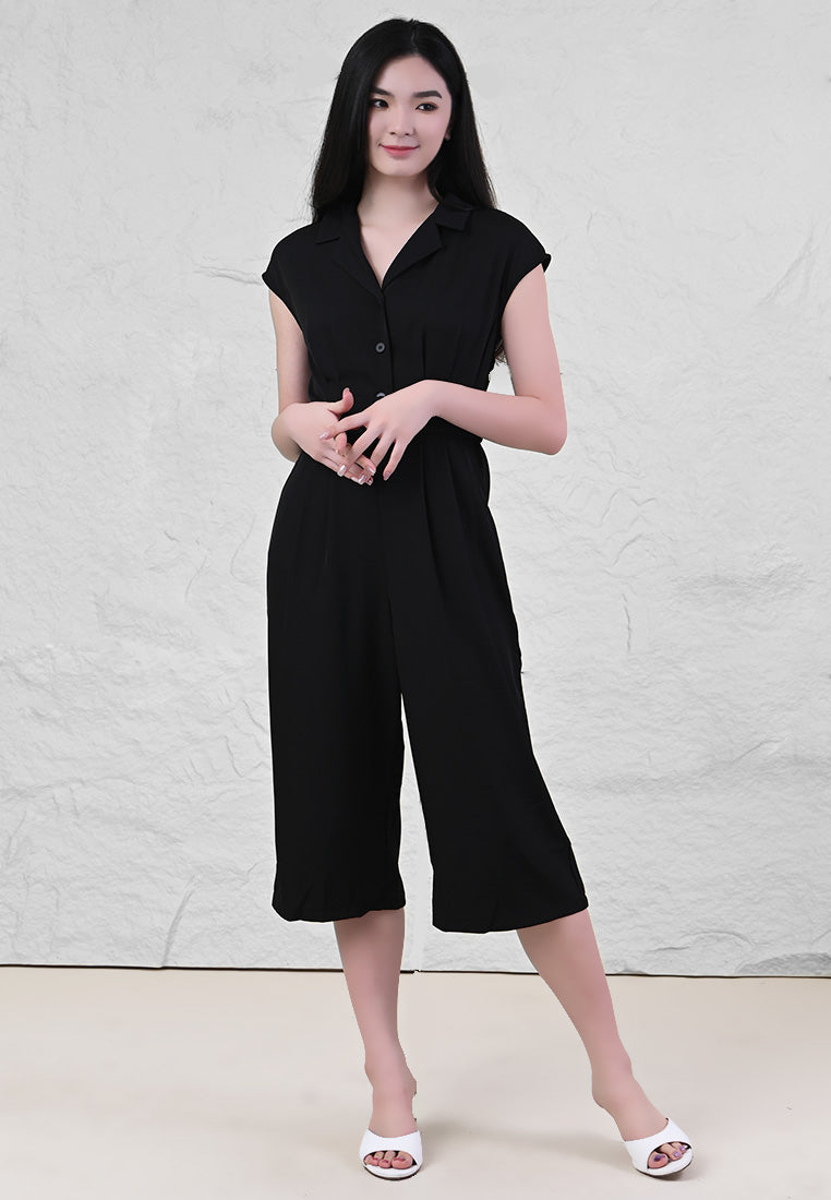 Plain B. Collar V-Neck Jumpsuits