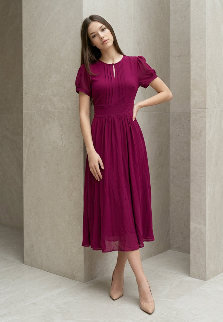 BebeButterfly Chiffon Round-Neck Midi Dinner Dress