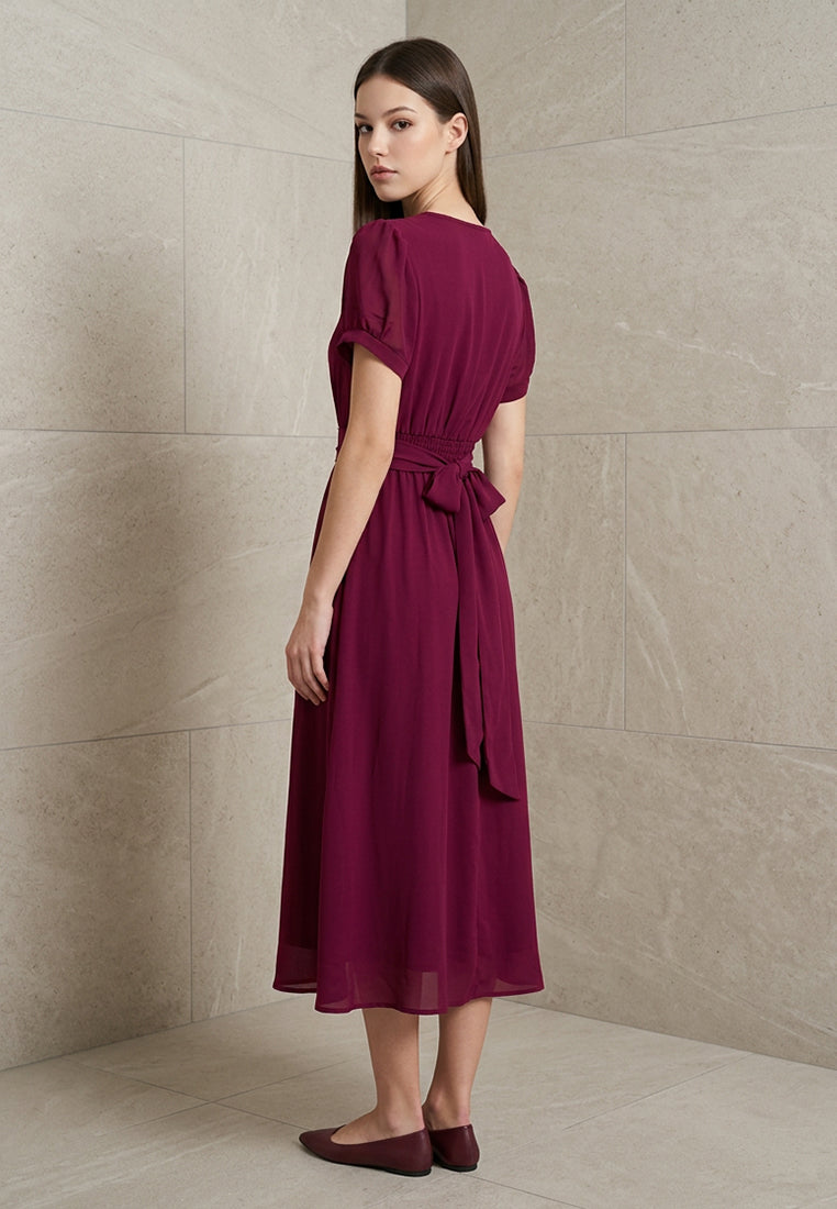 BebeButterfly Chiffon Round-Neck Midi Dinner Dress