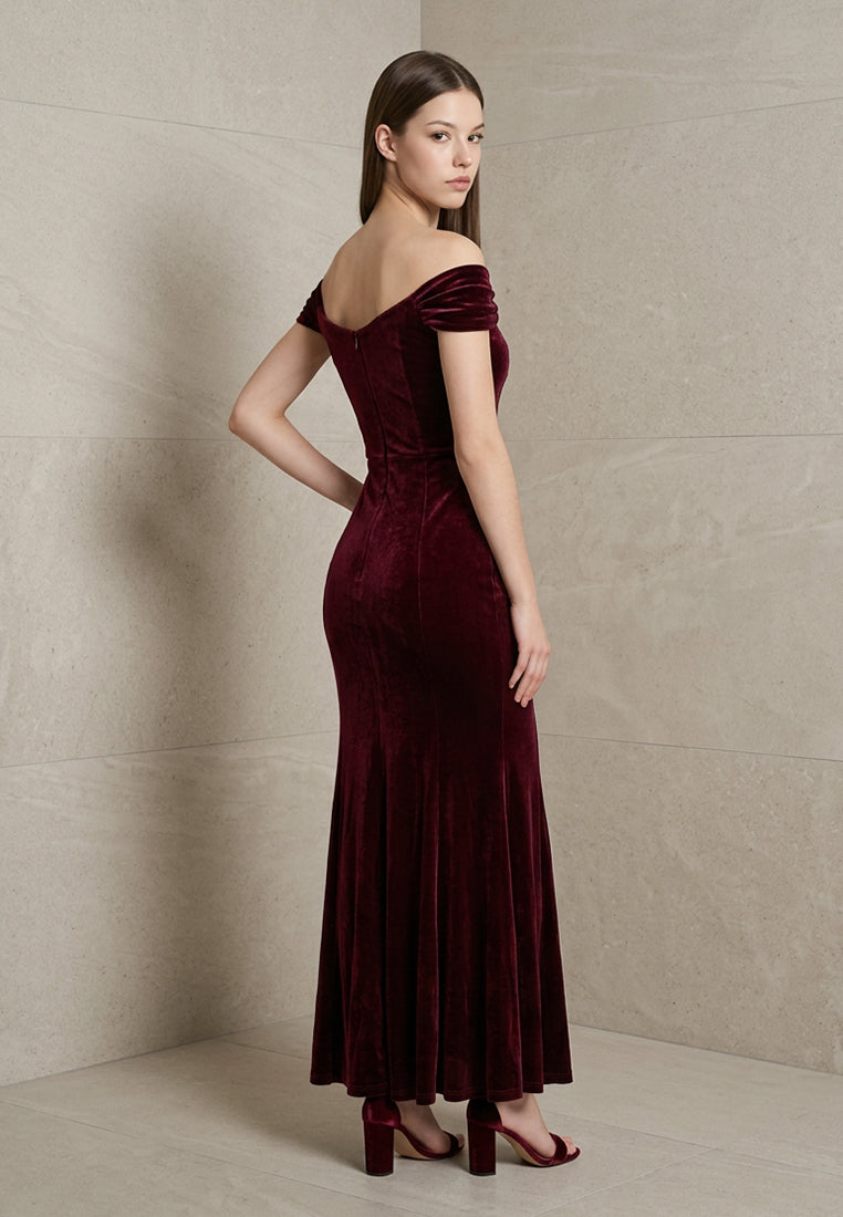 BebeBeige Velvet Off Shoulder Dinner Dress