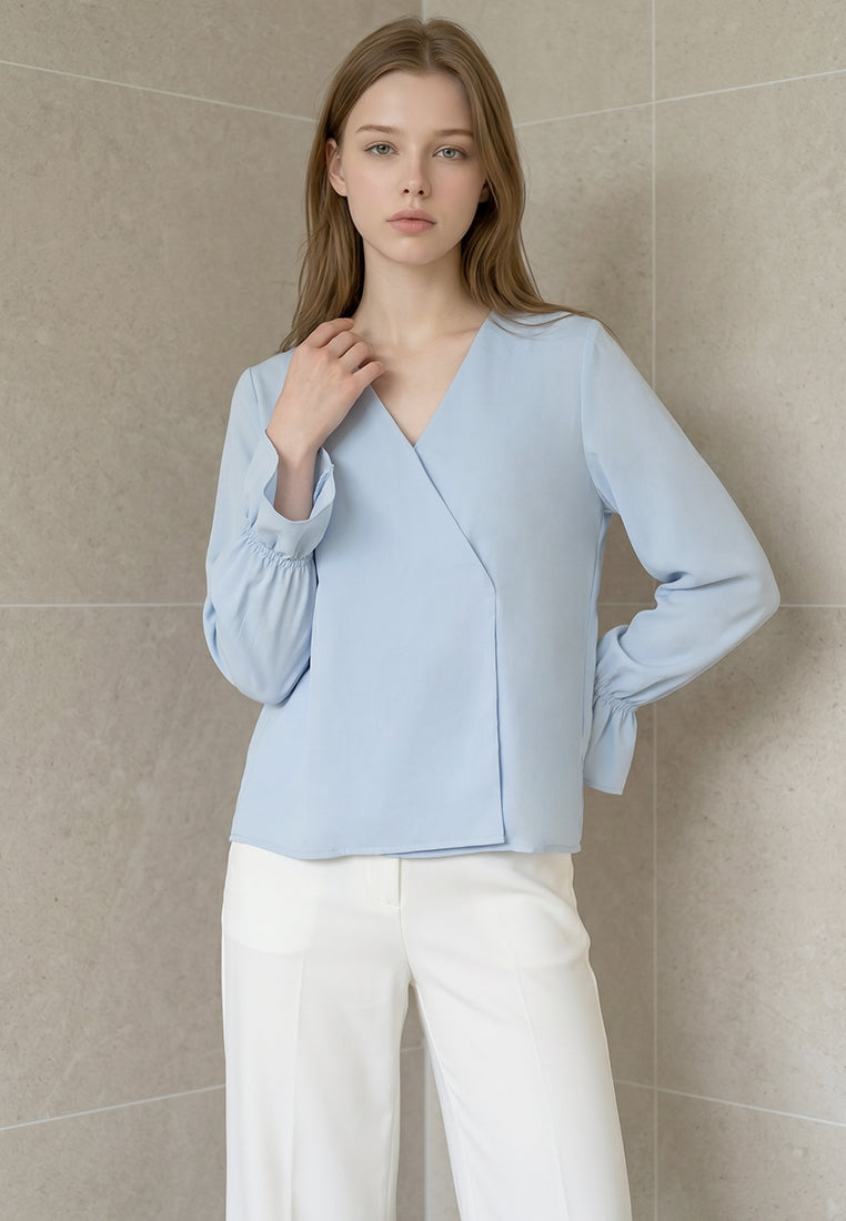 BebeBeige V-Neck Surplice Ruffle Cuff Blouse