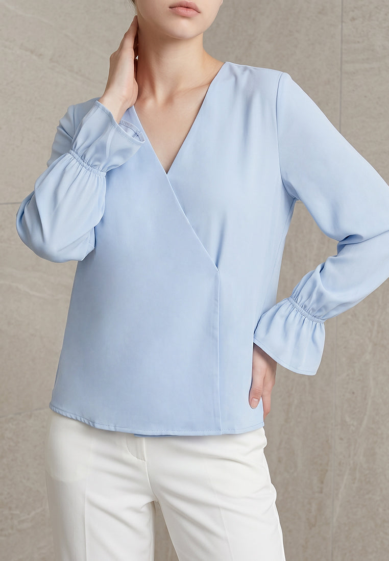 BebeBeige V-Neck Surplice Ruffle Cuff Blouse