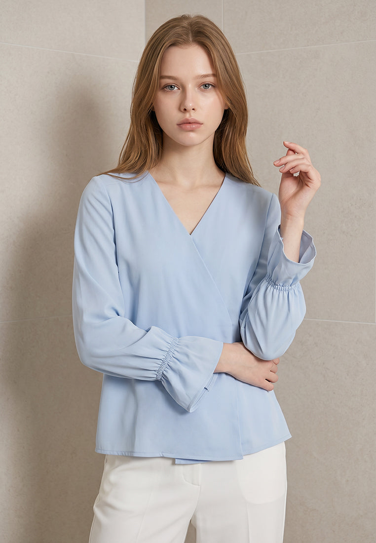 BebeBeige V-Neck Surplice Ruffle Cuff Blouse