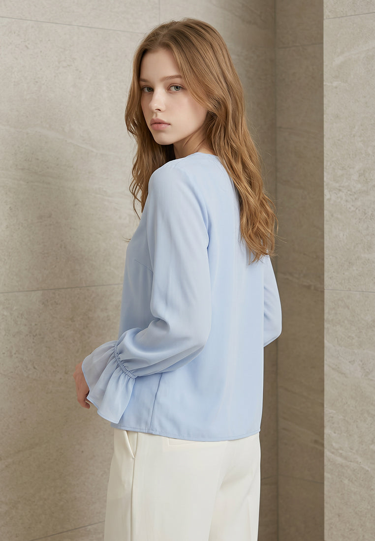 BebeBeige V-Neck Surplice Ruffle Cuff Blouse