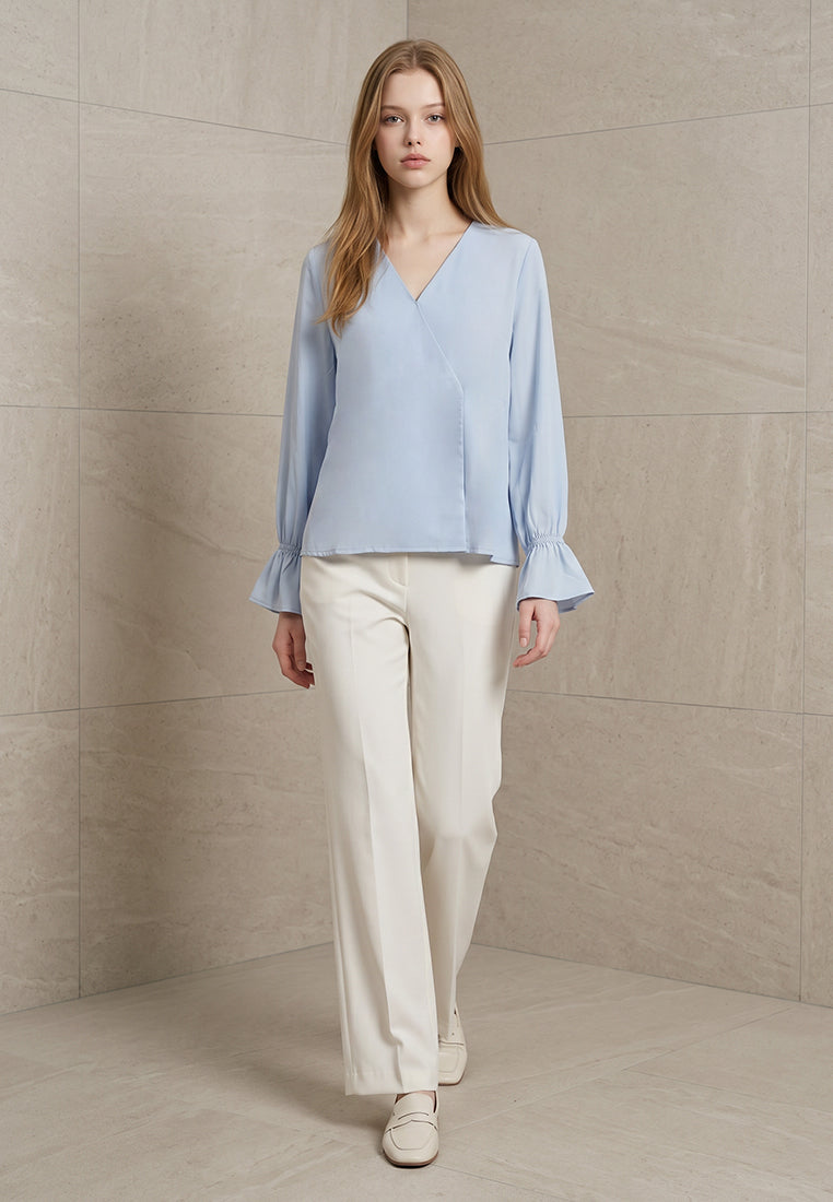 BebeBeige V-Neck Surplice Ruffle Cuff Blouse