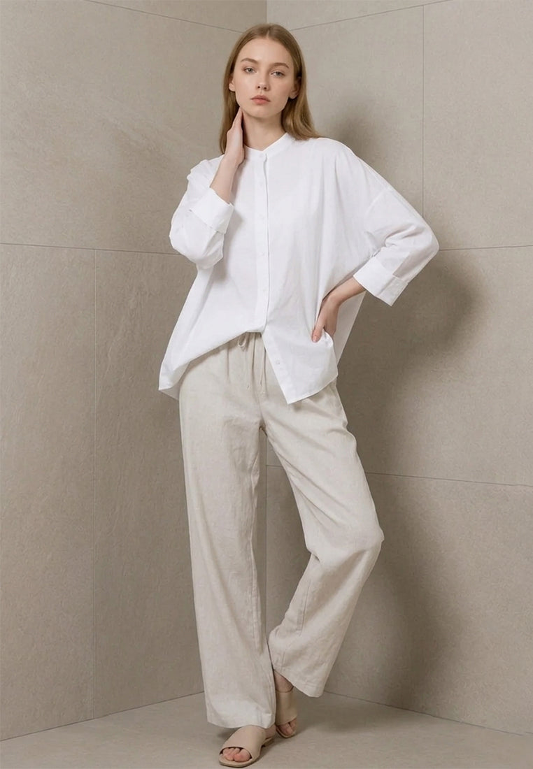 Plain B. Band Collar Long Sleeve Linen Shirt