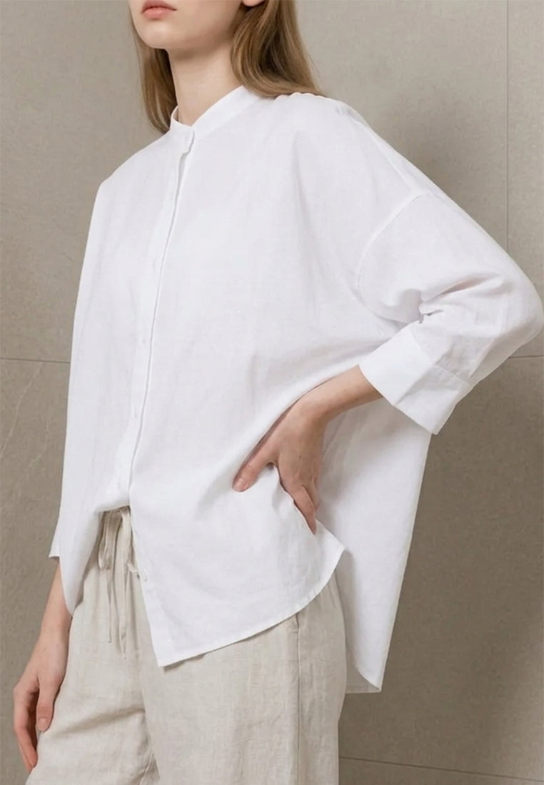 Plain B. Band Collar Long Sleeve Linen Shirt