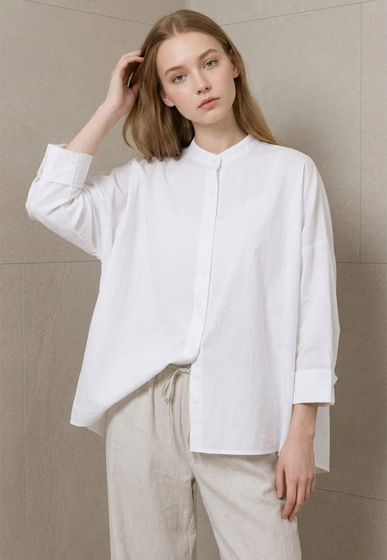Plain B. Band Collar Long Sleeve Linen Shirt
