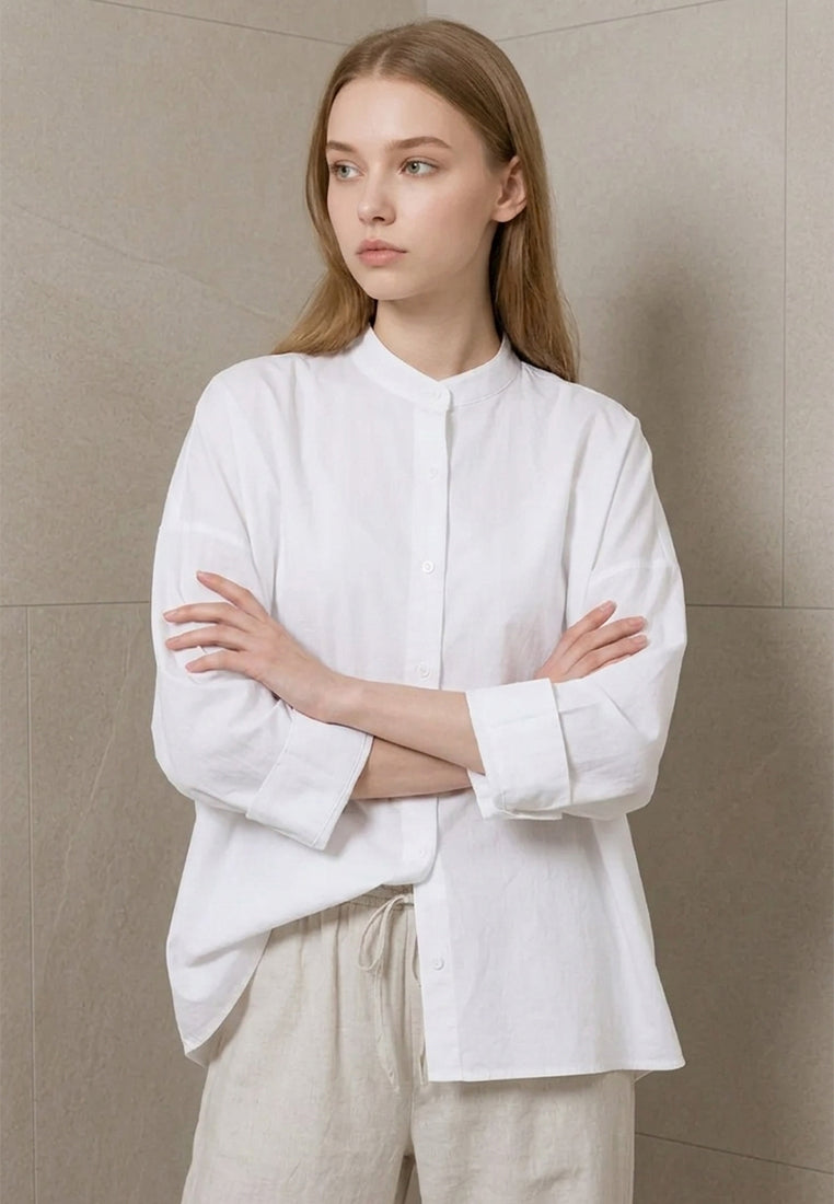 Plain B. Band Collar Long Sleeve Linen Shirt