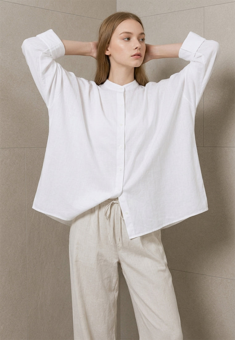 Plain B. Band Collar Long Sleeve Linen Shirt