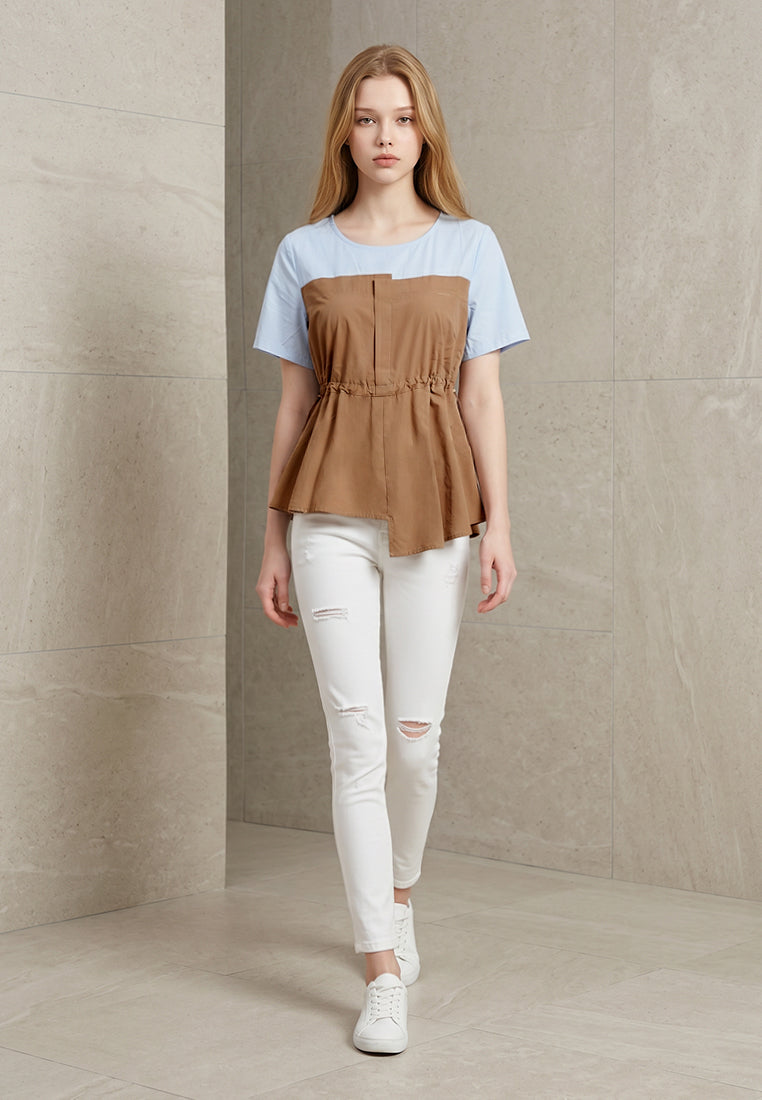 Plain B. Drawstring Colorblock Short Sleeve Top