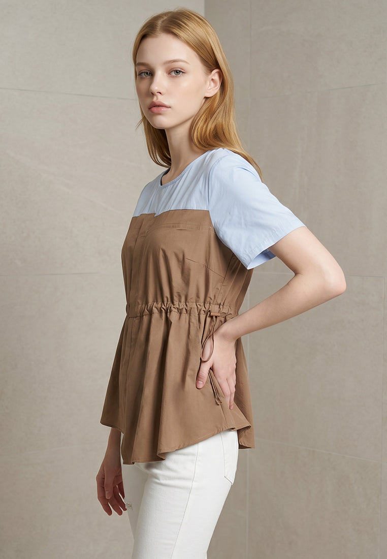 Plain B. Drawstring Colorblock Short Sleeve Top
