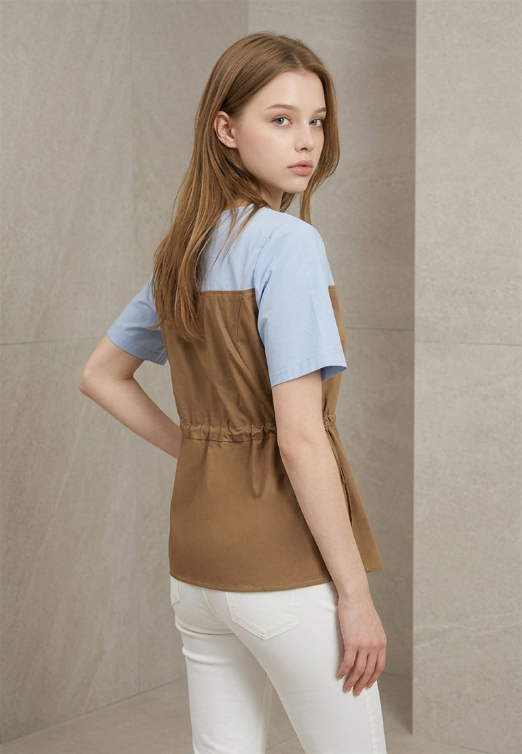 Plain B. Drawstring Colorblock Short Sleeve Top