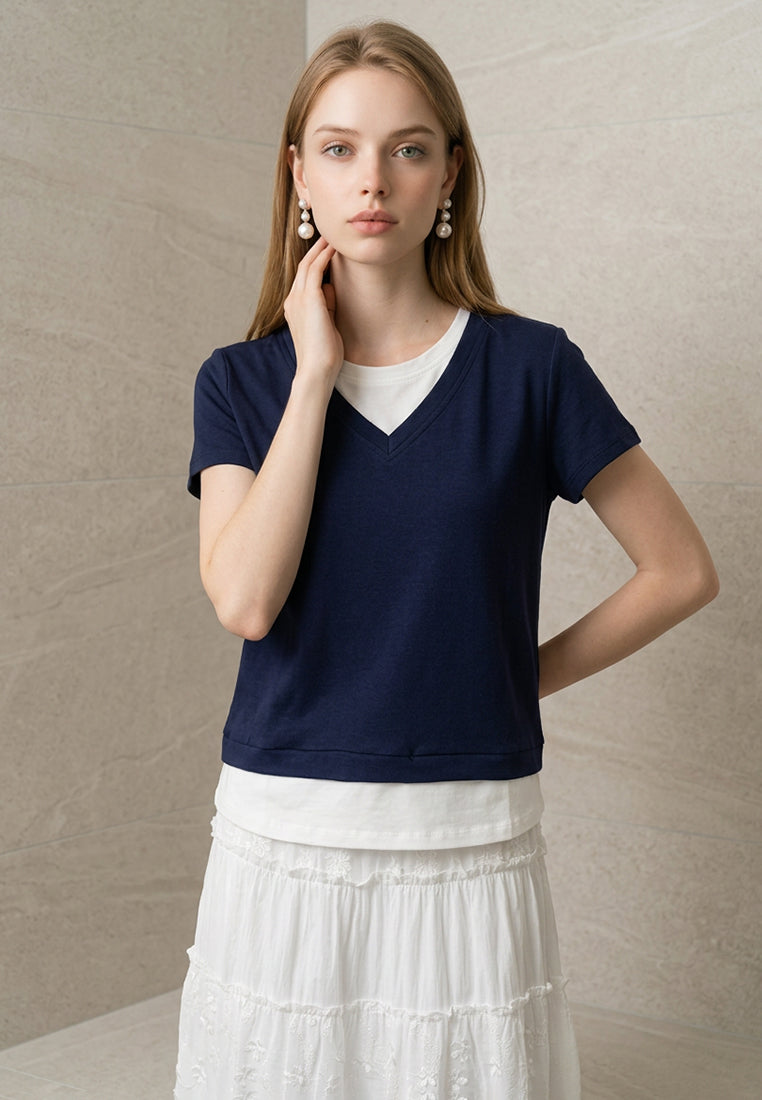 Plain B. Layered V-Neck Short Sleeve Top