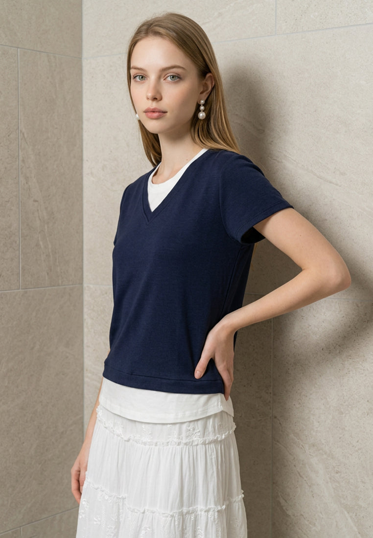 Plain B. Layered V-Neck Short Sleeve Top