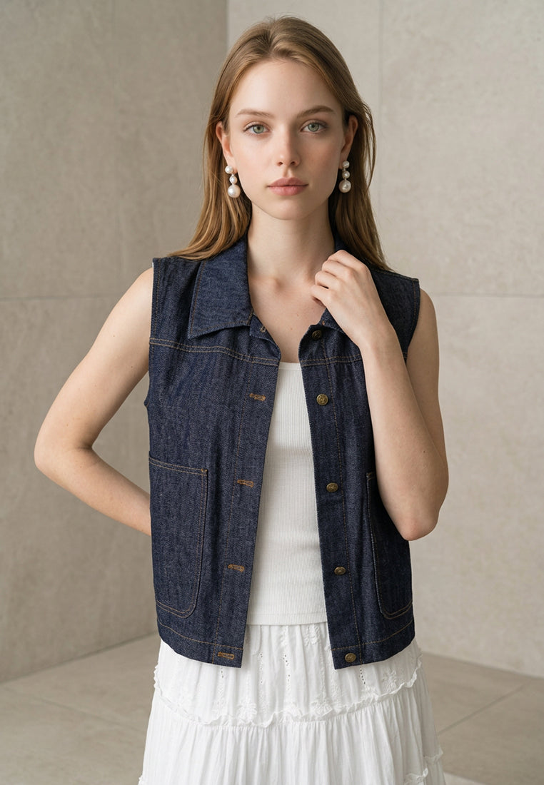 Plain B. Collar Sleeveless Denim Vest