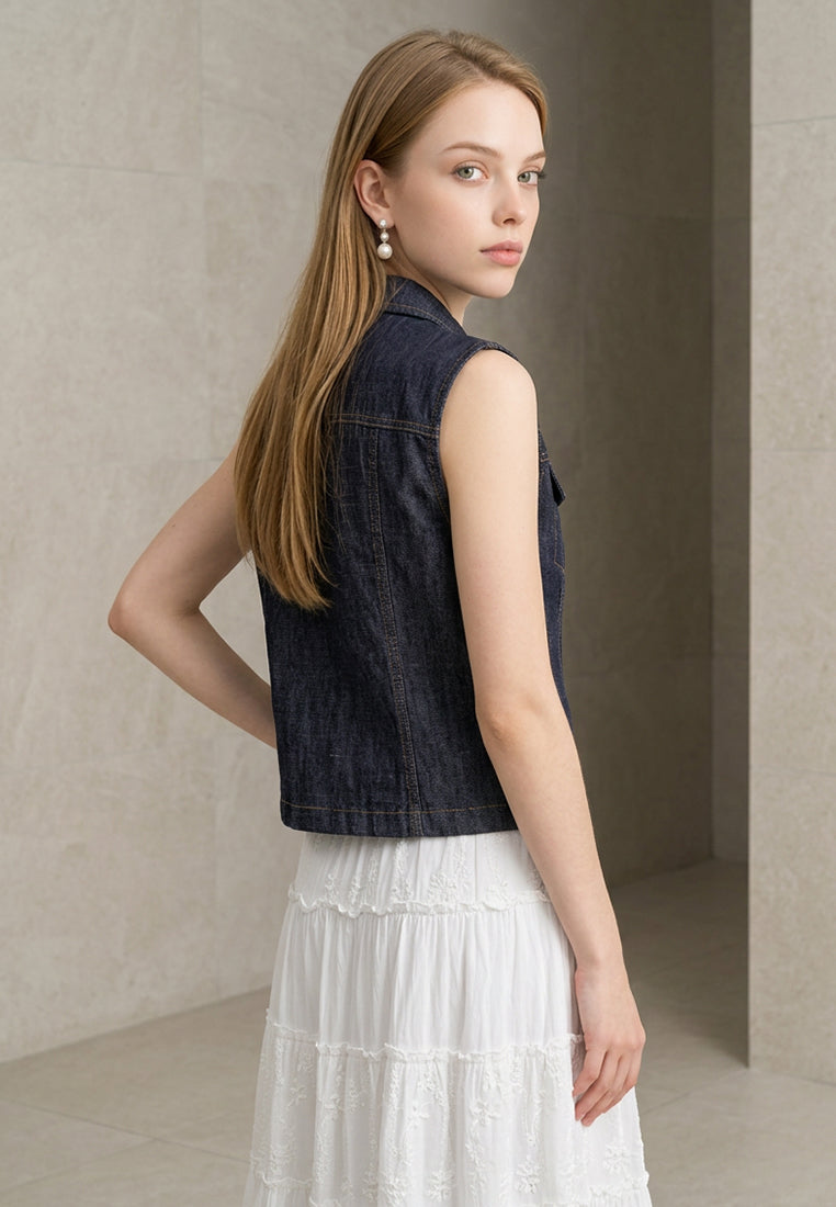 Plain B. Collar Sleeveless Denim Vest