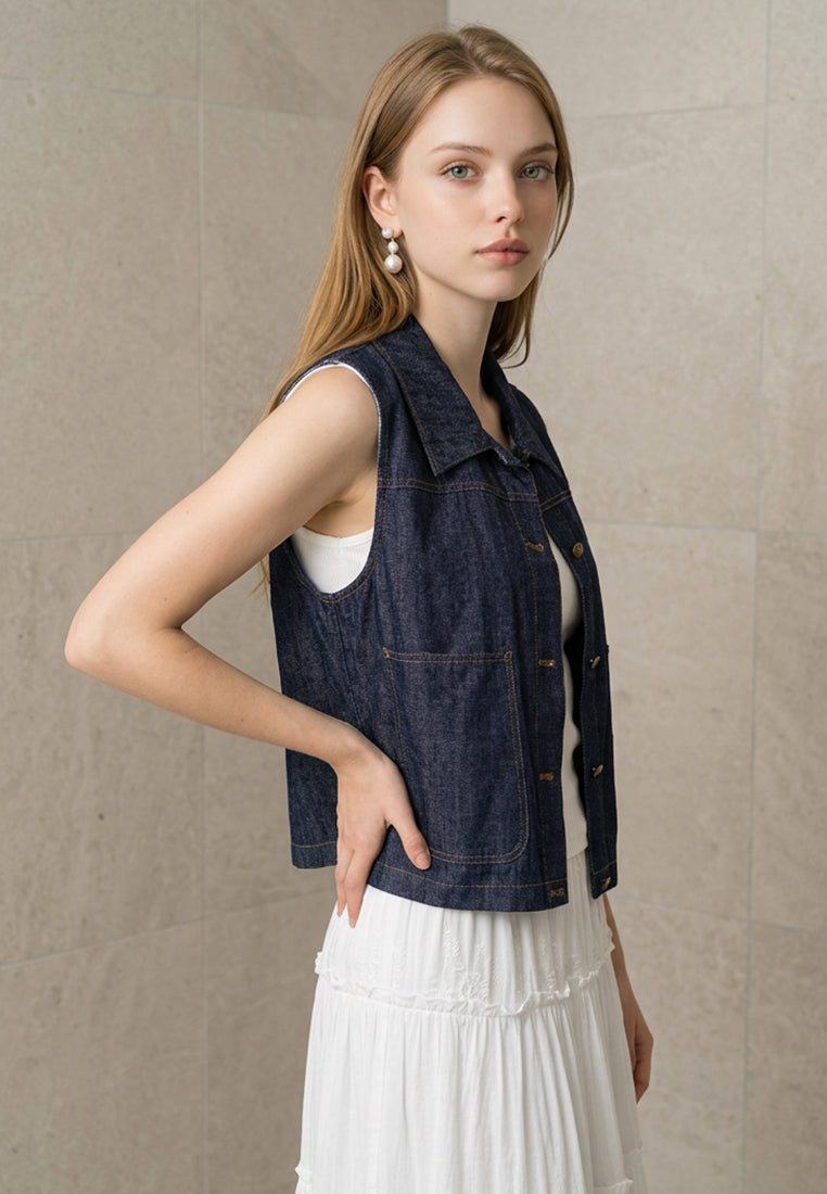 Plain B. Collar Sleeveless Denim Vest