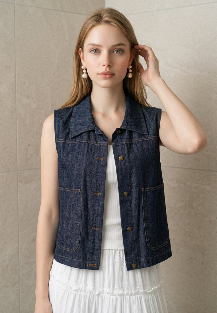 Plain B. Collar Sleeveless Denim Vest