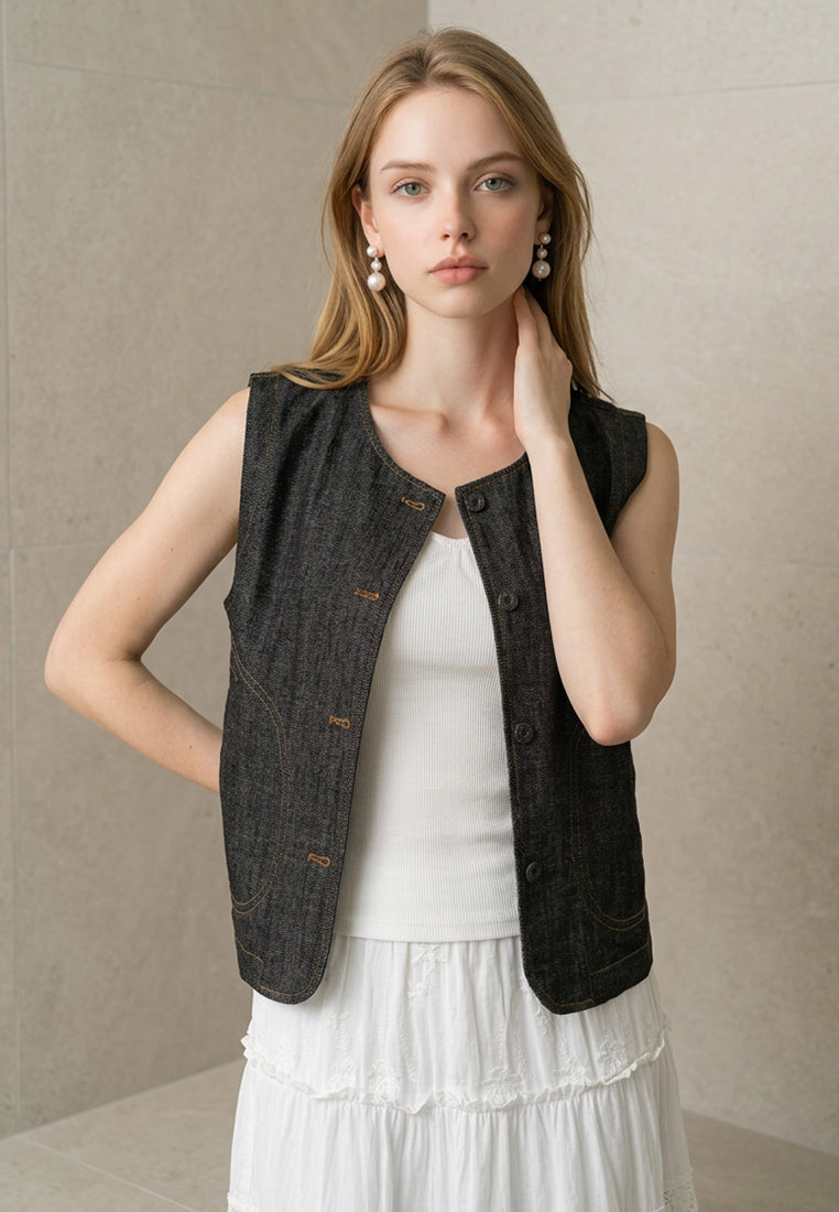 Plain B. Round Neck Denim Vest