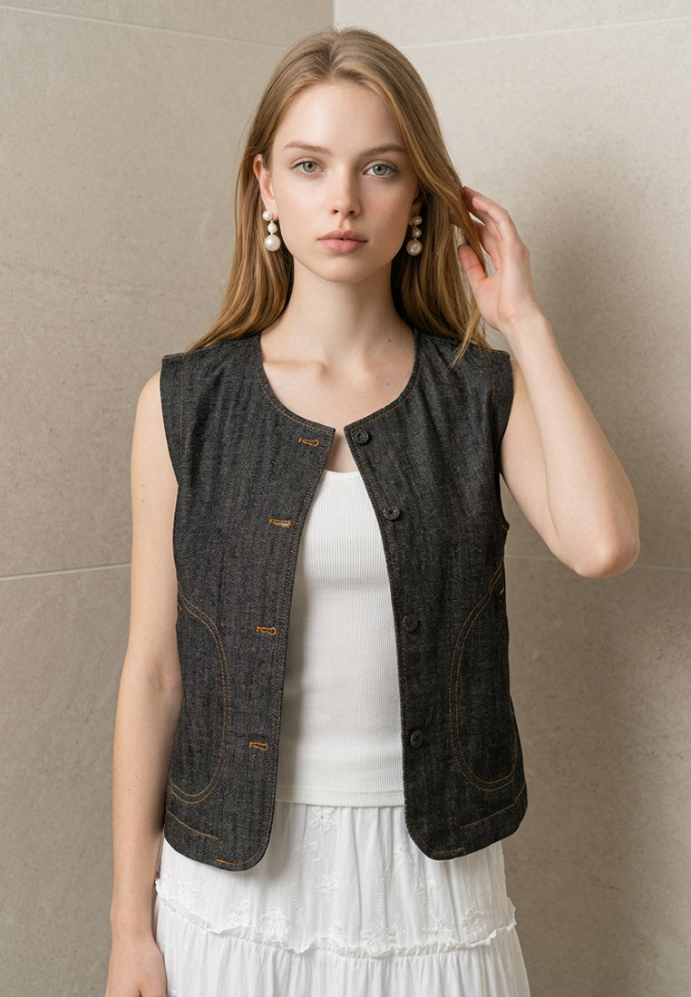 Plain B. Round Neck Denim Vest