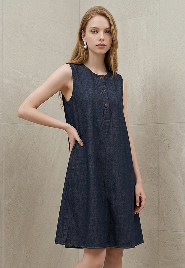 Plain B. Sleeveless Round Neck Denim A-Line Dress