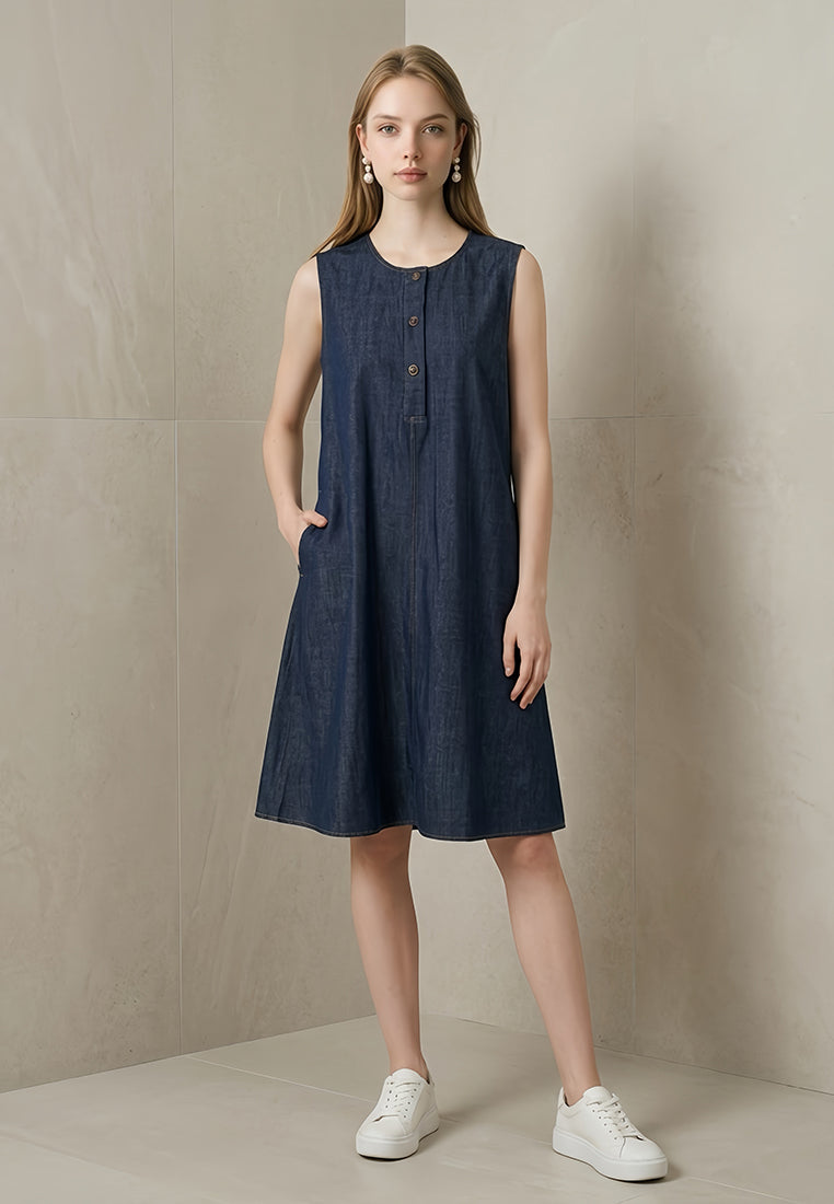 Plain B. Sleeveless Round Neck Denim A-Line Dress