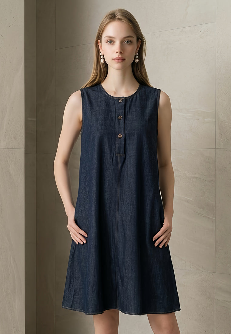 Plain B. Sleeveless Round Neck Denim A-Line Dress
