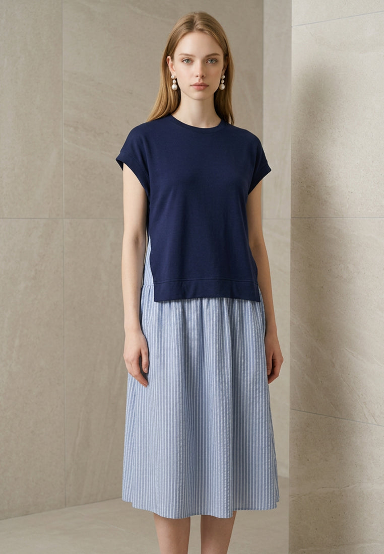 Plain B. Contrast Knit Top Striped Midi Dress