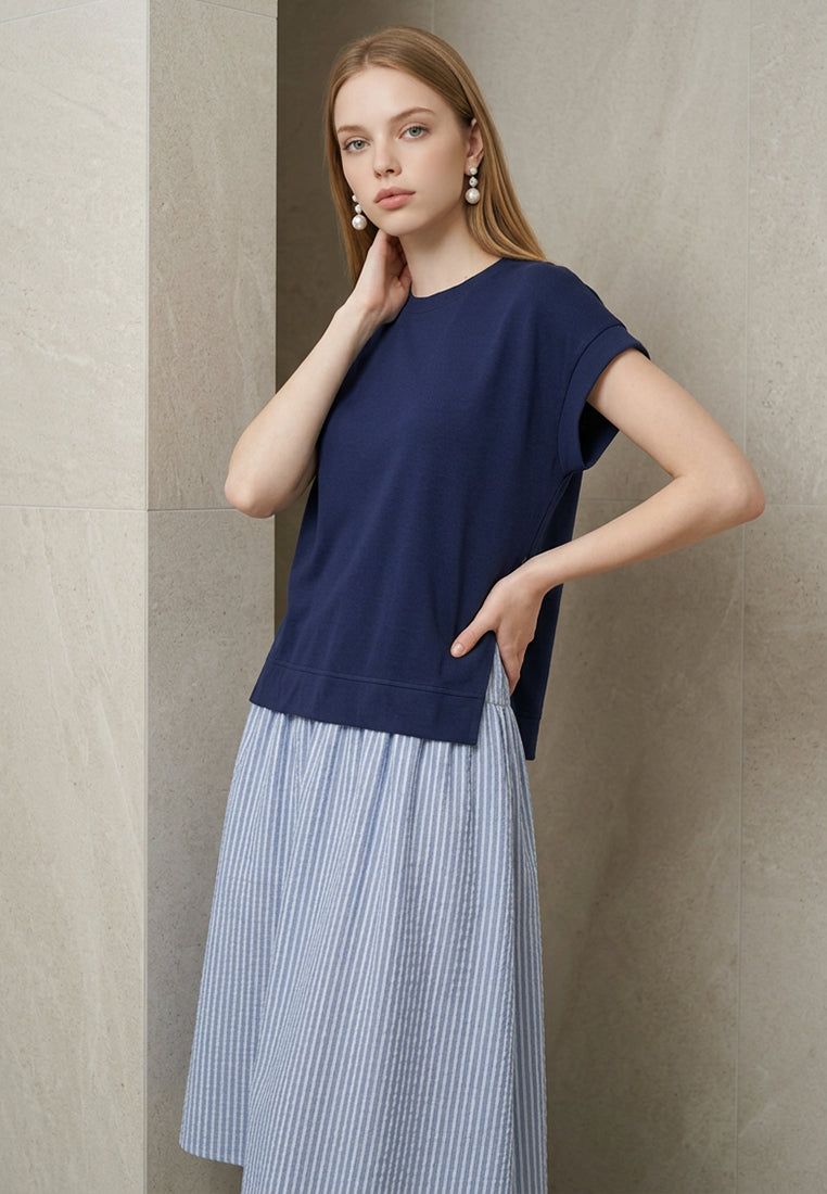 Plain B. Contrast Knit Top Striped Midi Dress
