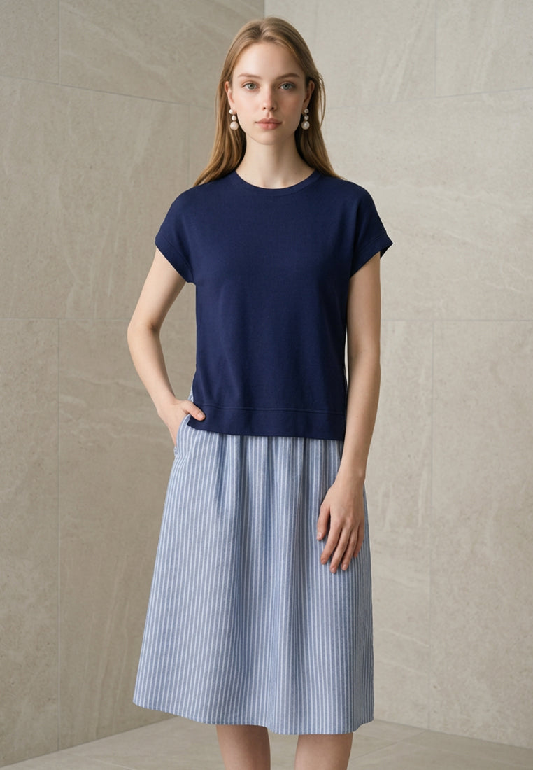 Plain B. Contrast Knit Top Striped Midi Dress