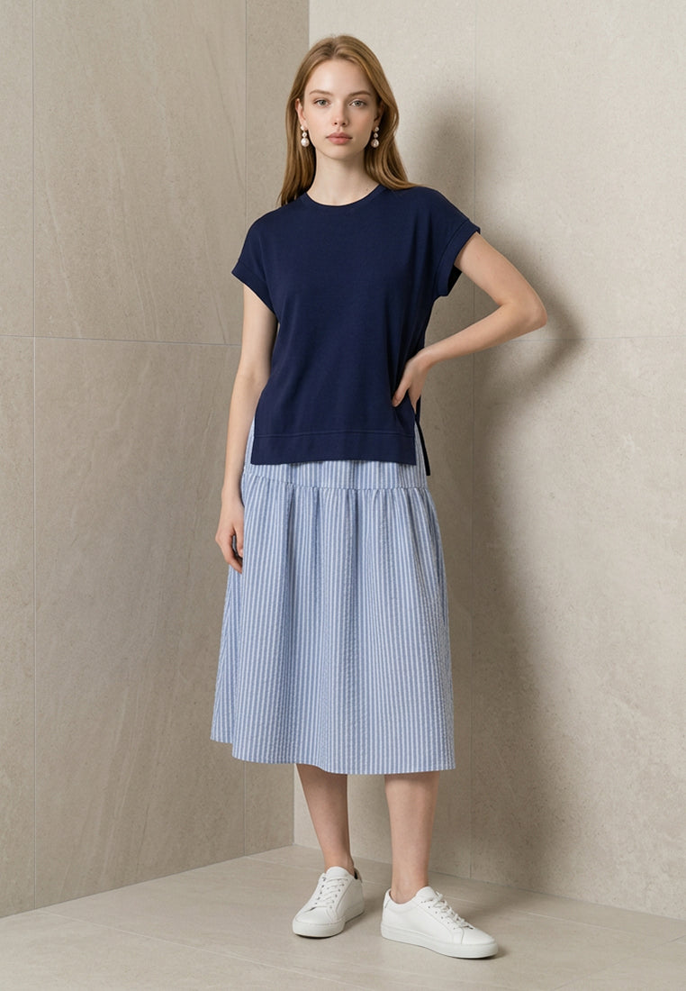 Plain B. Contrast Knit Top Striped Midi Dress