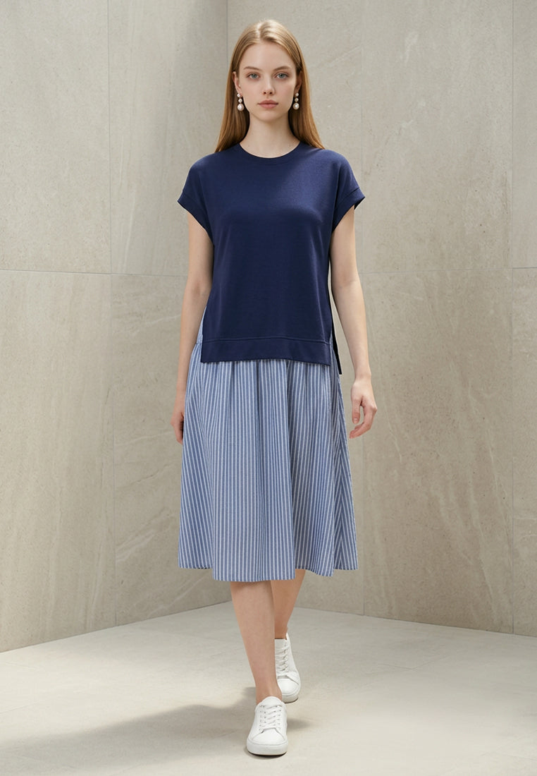 Plain B. Contrast Knit Top Striped Midi Dress