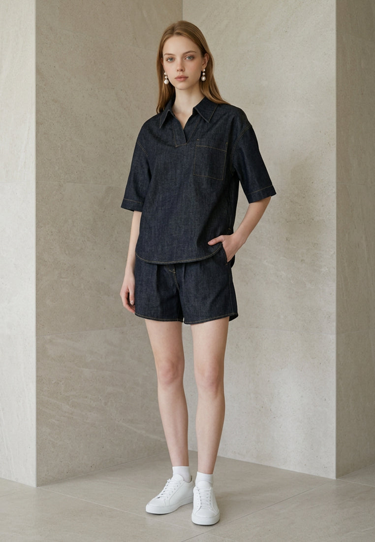 Plain B. Minimalist Indigo Denim Shirt & Shorts Matching Setwear