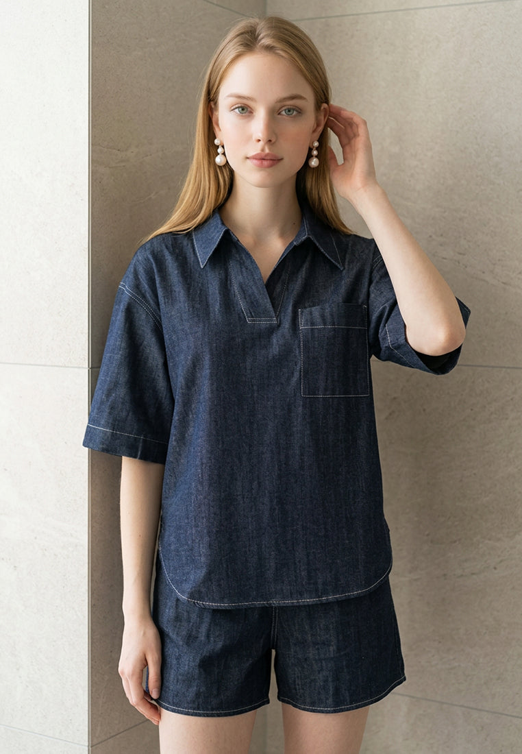 Plain B. Minimalist Indigo Denim Shirt & Shorts Matching Setwear