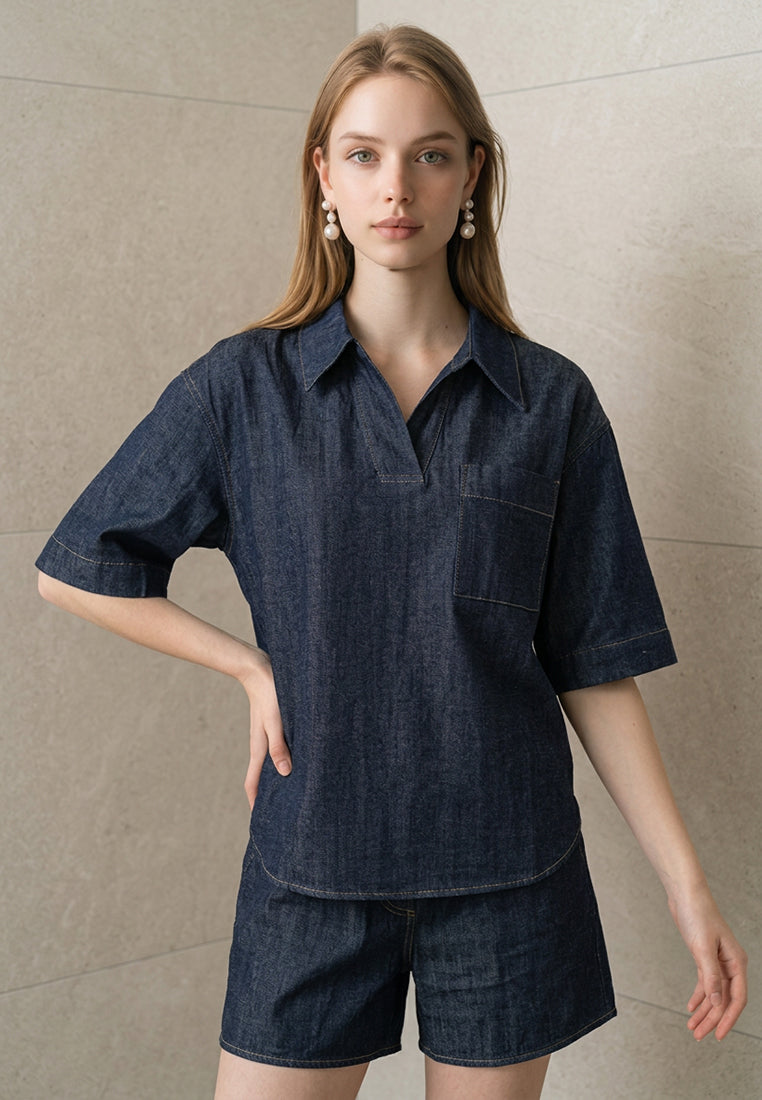 Plain B. Minimalist Indigo Denim Shirt & Shorts Matching Setwear