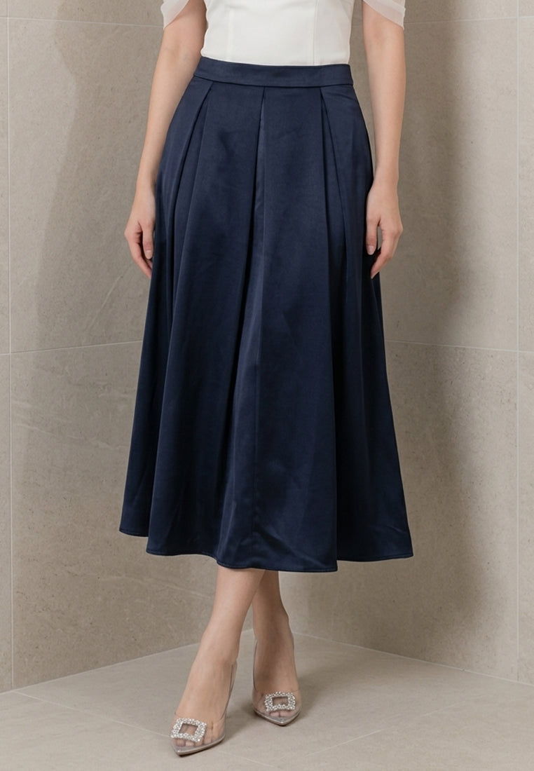 BebeBeige Classic Satin Flare Midi Skirt