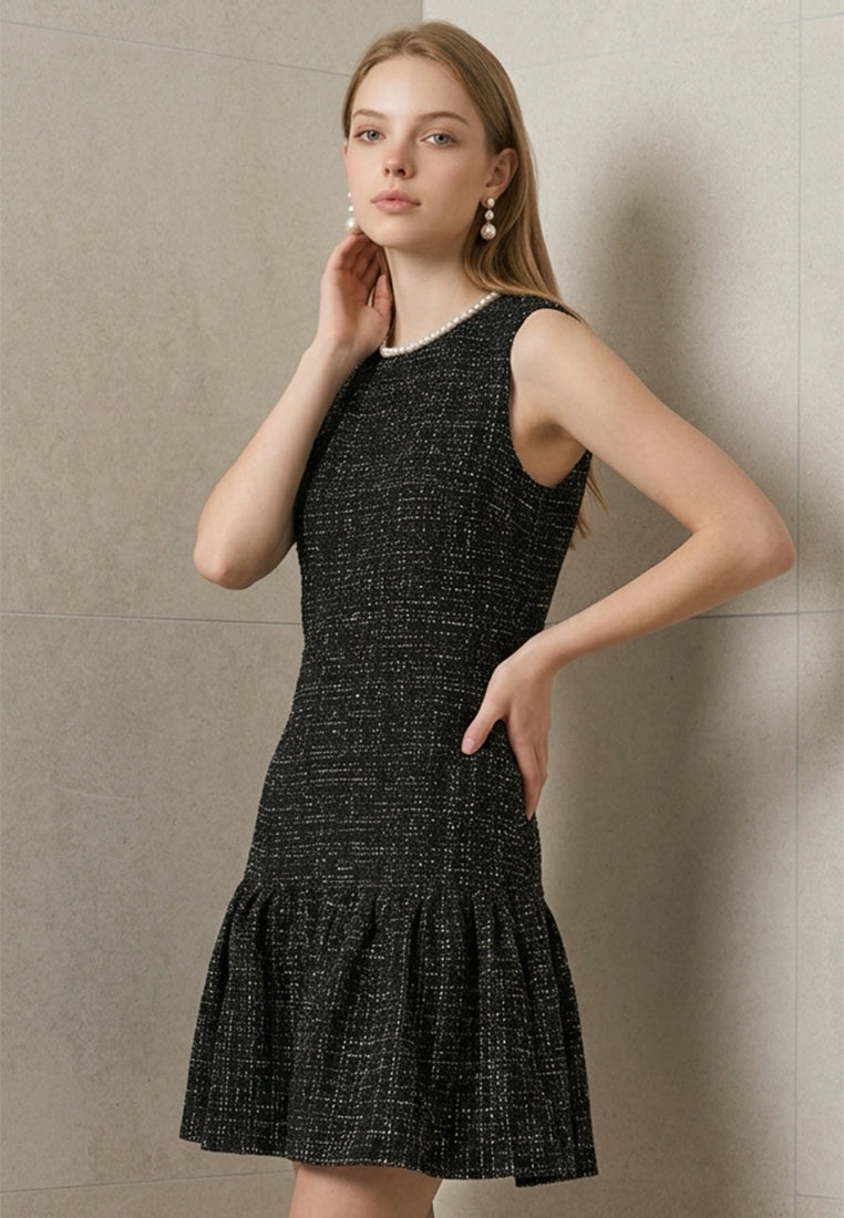 BebeBeige Elegant Sleeveless Pearl Trim Tweed Dress
