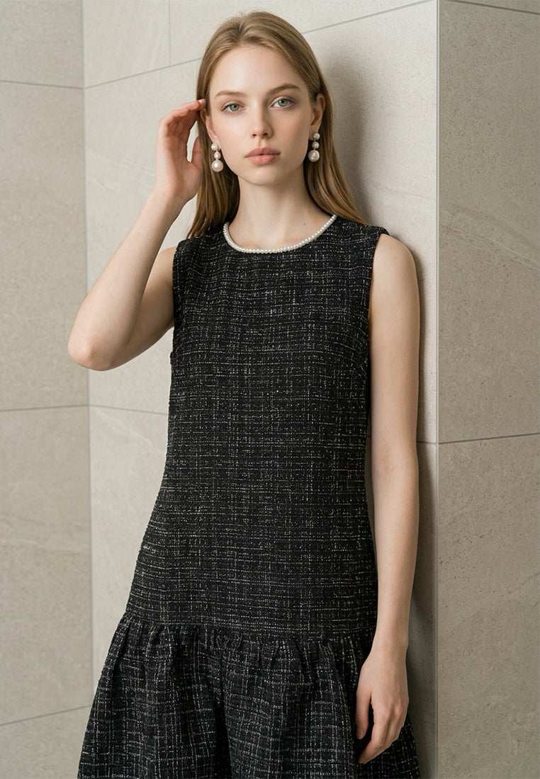 BebeBeige Elegant Sleeveless Pearl Trim Tweed Dress
