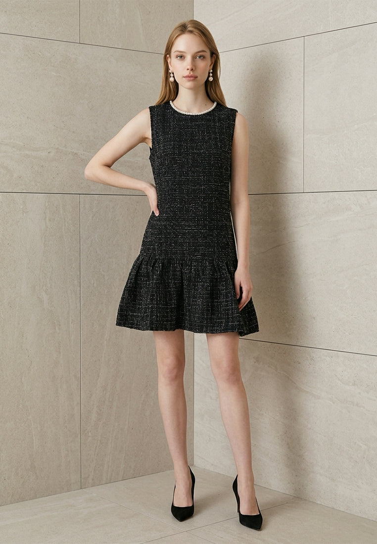 BebeBeige Elegant Sleeveless Pearl Trim Tweed Dress