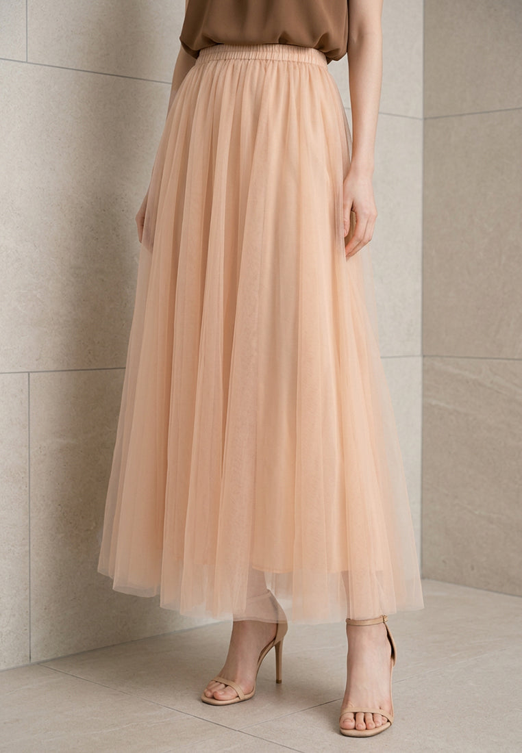 BebeBeige Fluid Pleated Mesh Tulle Midi Skirt