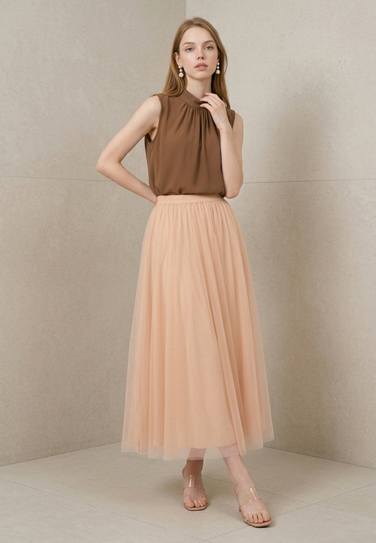 BebeBeige Fluid Pleated Mesh Tulle Midi Skirt