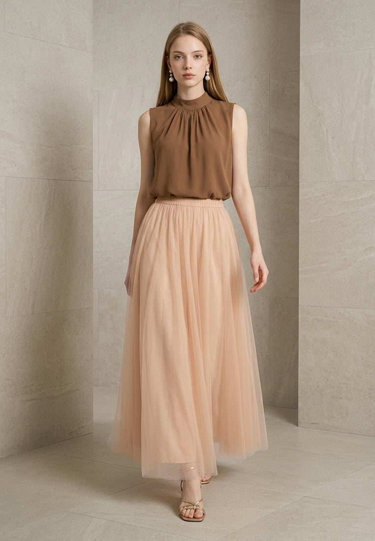 BebeBeige Fluid Pleated Mesh Tulle Midi Skirt