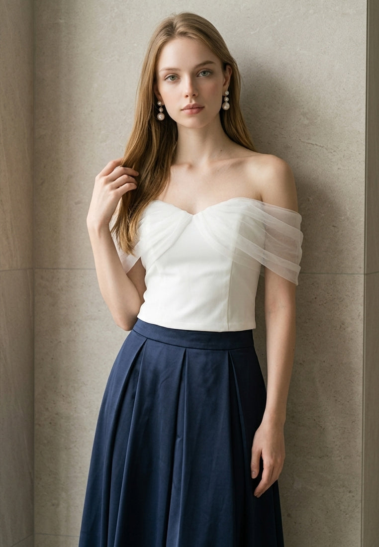 BebeBeige Draped Mesh Off-The-Shoulder Corset Top